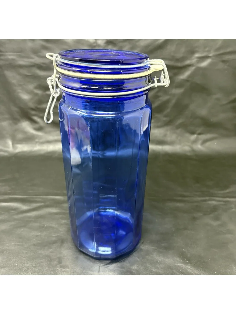 Cobalt Blue Jar Glass Storage Holder With Attached Wire Locking Lid 10” Tall
